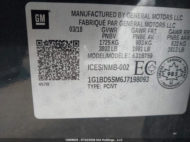 Aukcja sprzedaży 2018 Chevrolet Cruze Lt Manual, vin: 1G1BD5SM6J7198093, numer aukcji: 12659825
