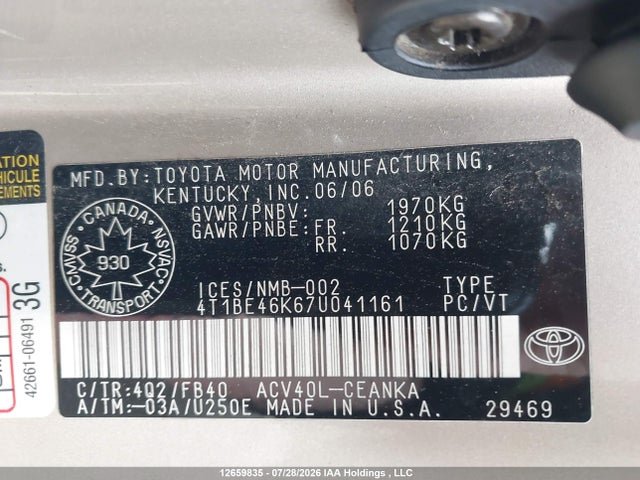 Продаж на аукціоні авто 2007 Toyota Camry Le/se, vin: 4T1BE46K67U041161, номер лоту: 12659835
