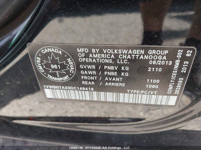 12655136 :رقم المزاد ، 1VWBN7A33DC149418 vin ، 2013 Volkswagen Passat 2.0 Tdi Comfortline مزاد بيع
