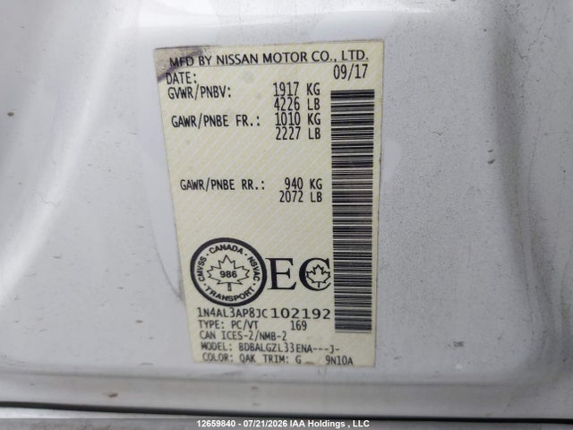 2018 Nissan Altima 2.5/s/sv/sl/sr მანქანა იყიდება აუქციონზე, vin: 1N4AL3AP8JC102192, აუქციონის ნომერი: 12659840