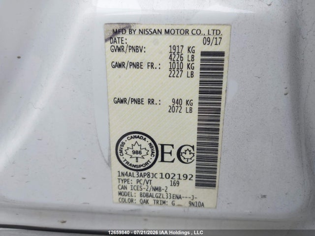 2018 Nissan Altima 2.5/s/sv/sl/sr მანქანა იყიდება აუქციონზე, vin: 1N4AL3AP8JC102192, აუქციონის ნომერი: 12659840