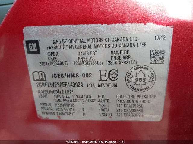12650919 :رقم المزاد ، 2GKFLWE30E6149924 vin ، 2014 Gmc Terrain Sle-2 مزاد بيع