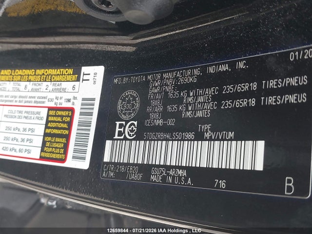 5TDGZRBH4LS501986 Toyota Highlander Xle