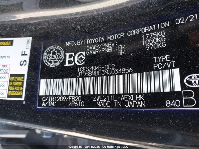 Toyota Corolla Hybrid 2021 JTDBBMBE3MJ034856 Image 19