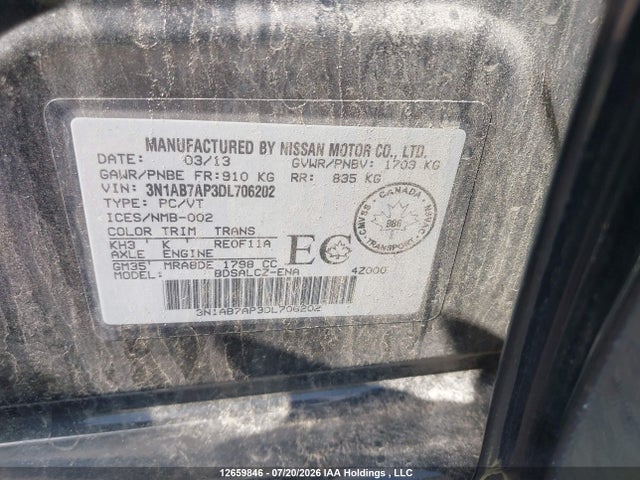 Aukcja sprzedaży 2013 Nissan Sentra S/sv/sr/sl, vin: 3N1AB7AP3DL706202, numer aukcji: 12659846