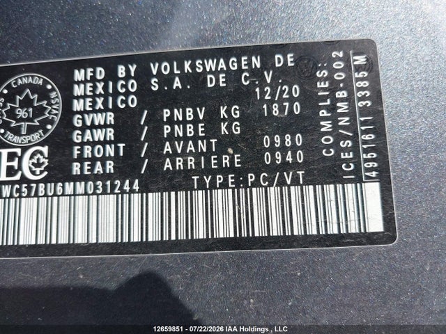 12659851 :رقم المزاد ، 3VWC57BU6MM031244 vin ، 2021 Volkswagen Jetta S/se/r-line مزاد بيع