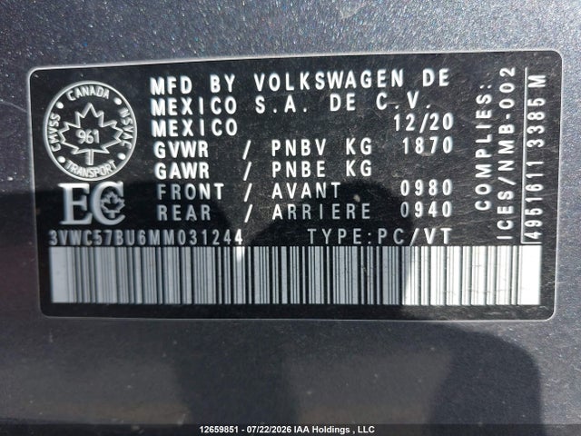 12659851 :رقم المزاد ، 3VWC57BU6MM031244 vin ، 2021 Volkswagen Jetta S/se/r-line مزاد بيع