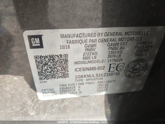 12659875 :رقم المزاد ، 1GKKNULS1KZ168795 vin ، 2019 Gmc Acadia Slt-1 مزاد بيع
