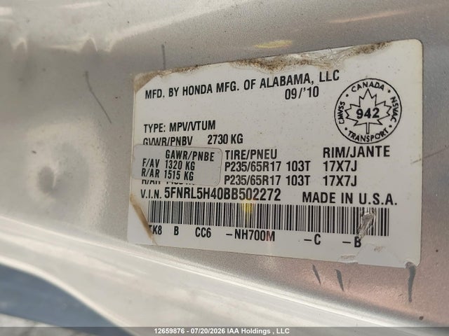 12659876 :رقم المزاد ، 5FNRL5H40BB502272 vin ، 2011 Honda Odyssey مزاد بيع