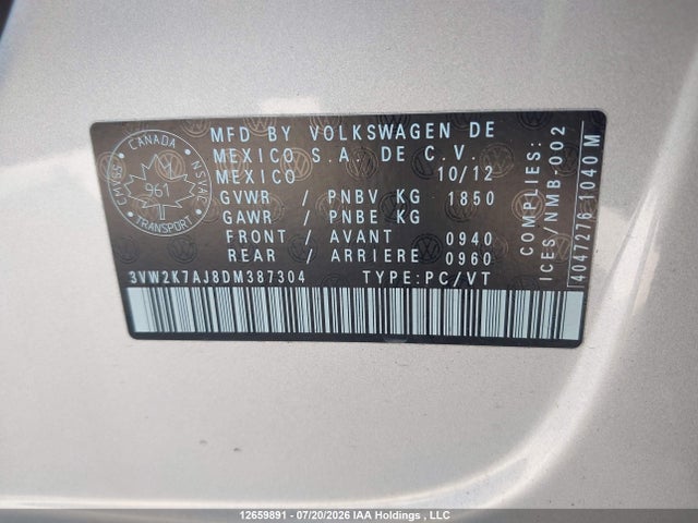 Продаж на аукціоні авто 2013 Volkswagen Jetta S, vin: 3VW2K7AJ8DM387304, номер лоту: 12659891