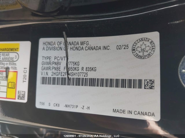 Honda Civic 2025 2HGFE2F54SH107725 Image 9