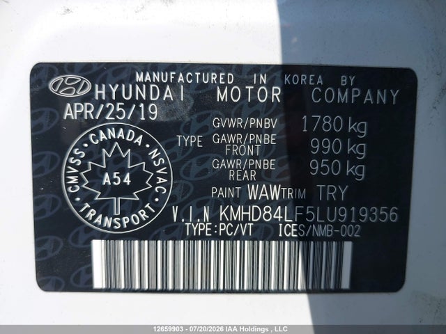 12659903 :رقم المزاد ، KMHD84LF5LU919356 vin ، 2020 Hyundai Elantra Sel/value/limited مزاد بيع