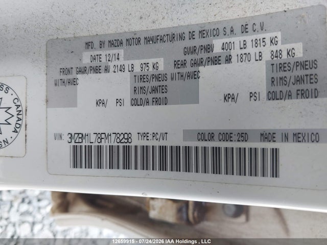 12659915 :رقم المزاد ، 3MZBM1L78FM178298 vin ، 2015 Mazda Mazda3 Gs مزاد بيع