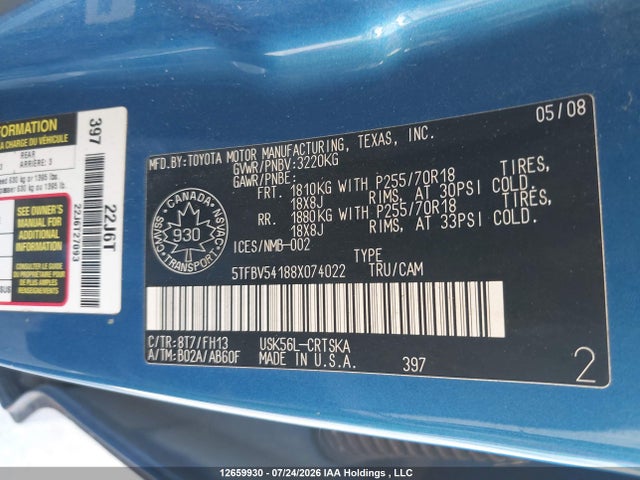 12659930 :رقم المزاد ، 5TFBV54188X074022 vin ، 2008 Toyota Tundra Double Cab/double Cab Sr5 مزاد بيع