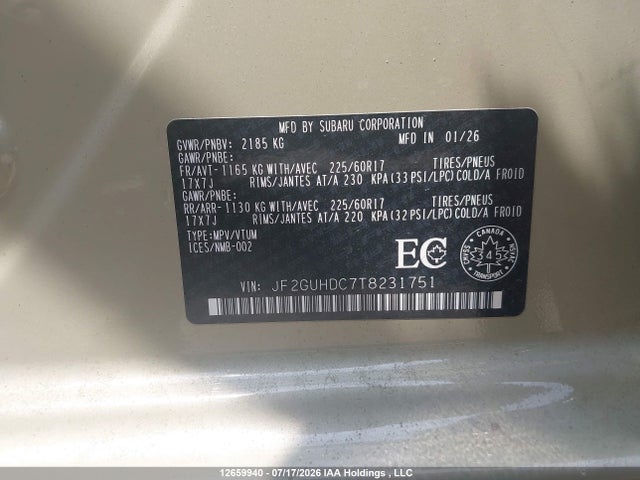 2026 Subaru Crosstrek Touring მანქანა იყიდება აუქციონზე, vin: JF2GUHDC7T8231751, აუქციონის ნომერი: 12659940