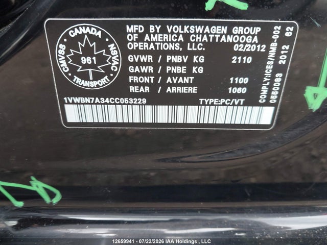 Продаж на аукціоні авто 2012 Volkswagen Passat, vin: 1VWBN7A34CC053229, номер лоту: 12659941