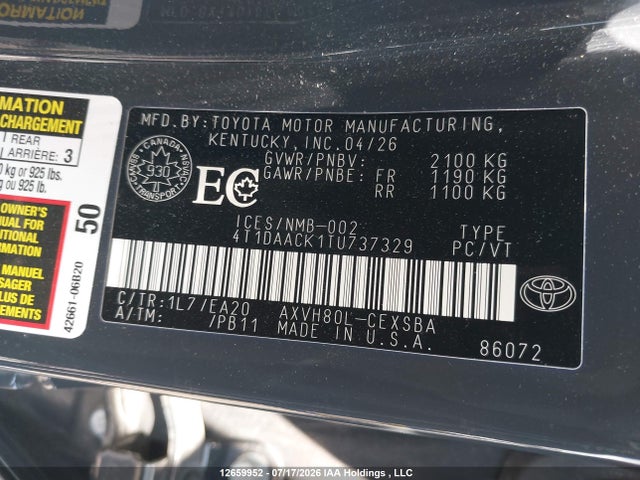 12659952 :رقم المزاد ، 4T1DAACK1TU737329 vin ، 2026 Toyota Camry Xse/night Shade/le/xle/se مزاد بيع