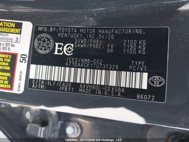 12659952 :رقم المزاد ، 4T1DAACK1TU737329 vin ، 2026 Toyota Camry Xse/night Shade/le/xle/se مزاد بيع