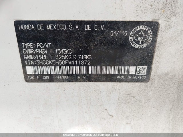 3HGGK5H50FM111872 Honda FIT LX