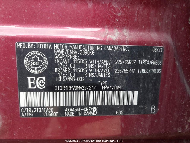 Продаж на аукціоні авто 2021 Toyota Rav4 Xle/xle Premium, vin: 2T3R1RFV0MW227217, номер лоту: 12659974