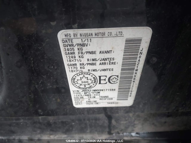 Продажа на аукционе авто 2011 Nissan Murano Sv, vin: JN8AZ1MWXBW171566, номер лота: 12648632