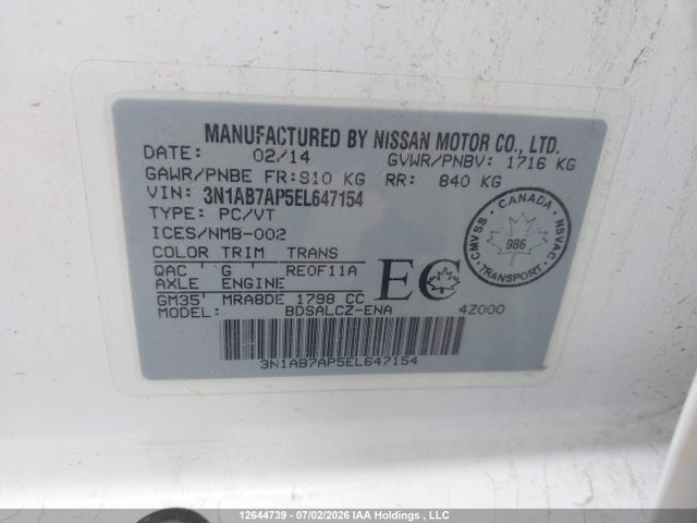 3N1AB7AP5EL647154 Nissan Sentra 1.8 S/1.8 Sl/1.8 Sr/1.8 Sv/s