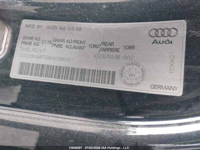 Продаж на аукціоні авто 2008 Audi A5 3.2l, vin: WAUDK68T58A038551, номер лоту: 12646597