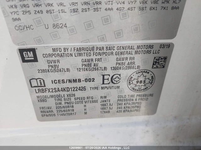 Aukcja sprzedaży 2019 Buick Envision Essence, vin: LRBFX2SA4KD122426, numer aukcji: 12659981