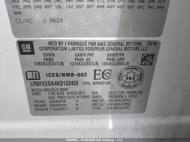 Aukcja sprzedaży 2019 Buick Envision Essence, vin: LRBFX2SA4KD122426, numer aukcji: 12659981