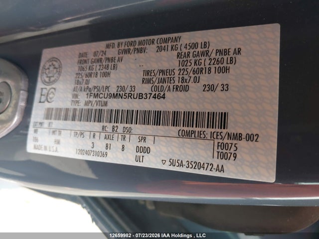 12659982 :رقم المزاد ، 1FMCU9MN5RUB37464 vin ، 2024 Ford Escape St Line مزاد بيع