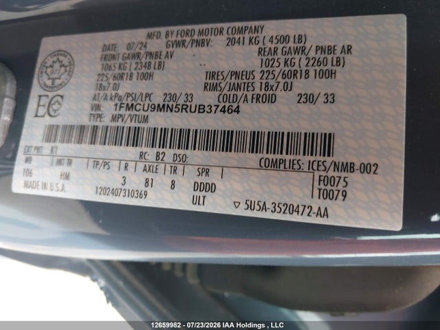 12659982 :رقم المزاد ، 1FMCU9MN5RUB37464 vin ، 2024 Ford Escape St Line مزاد بيع