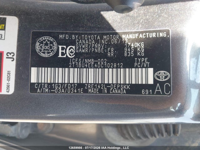 12659986 :رقم المزاد ، 2T1BU4EE4DC102812 vin ، 2013 Toyota Corolla S/le مزاد بيع