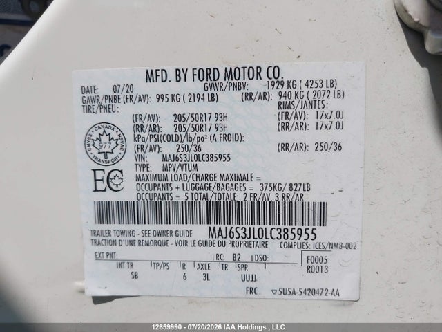 12659990 :رقم المزاد ، MAJ6S3JL0LC385955 vin ، 2020 Ford Ecosport Ses مزاد بيع