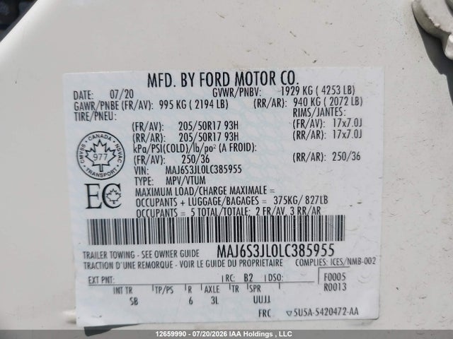 12659990 :رقم المزاد ، MAJ6S3JL0LC385955 vin ، 2020 Ford Ecosport Ses مزاد بيع