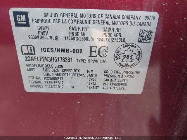 2017 Chevrolet Equinox Lt მანქანა იყიდება აუქციონზე, vin: 2GNFLFEK3H6178381, აუქციონის ნომერი: 12659994