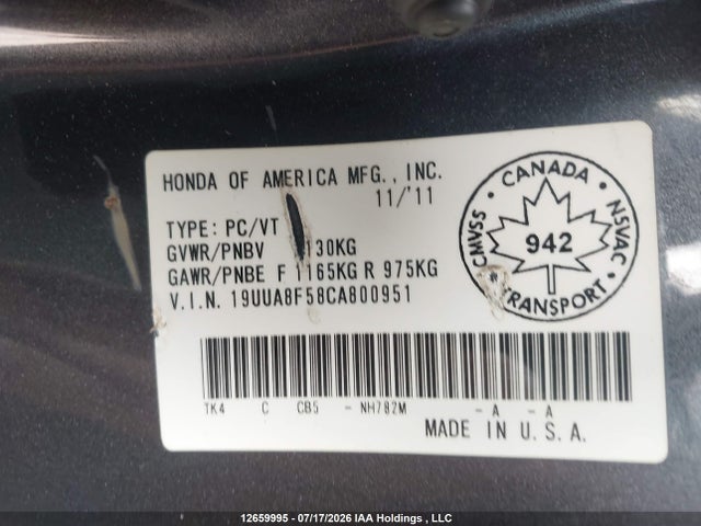 Продаж на аукціоні авто 2012 Acura Tl, vin: 19UUA8F58CA800951, номер лоту: 12659995