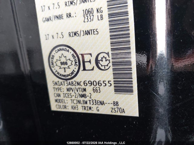 12660002 :رقم المزاد ، 5N1AT3AB2NC690655 vin ، 2022 Nissan Rogue S مزاد بيع