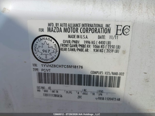 Продаж на аукціоні авто 2012 Mazda 6 I, vin: 1YVHZ8CH7C5M18176, номер лоту: 12660012