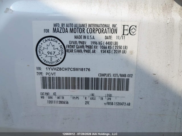 Продаж на аукціоні авто 2012 Mazda 6 I, vin: 1YVHZ8CH7C5M18176, номер лоту: 12660012