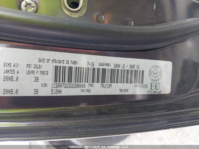 12660020 :رقم المزاد ، 1C6RR7GG3GS390008 vin ، 2016 Ram 1500 Slt مزاد بيع