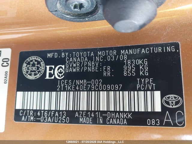 Продажа на аукционе авто 2009 Toyota Matrix Xr, vin: 2T1KE40E79C009097, номер лота: 12660021