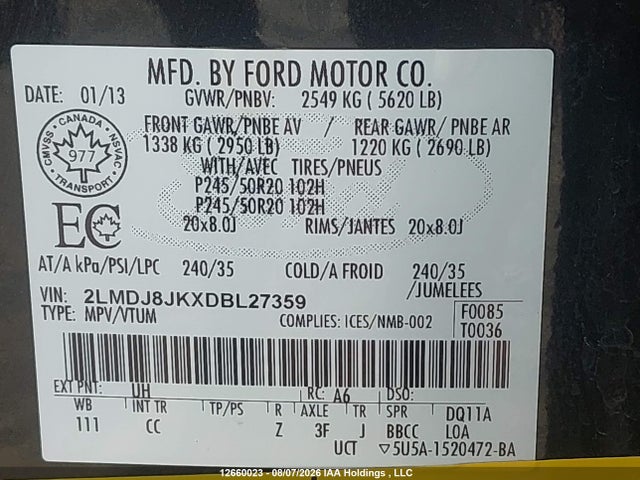Продаж на аукціоні авто 2013 Lincoln Mkx, vin: 2LMDJ8JKXDBL27359, номер лоту: 12660023