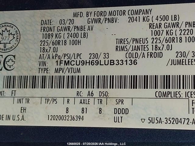 12660025 :رقم المزاد ، 1FMCU9H69LUB33136 vin ، 2020 Ford Escape Sel مزاد بيع