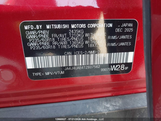Aukcja sprzedaży 2026 Mitsubishi Outlander Es, vin: JA4J4UAB4TZ607562, numer aukcji: 12660027