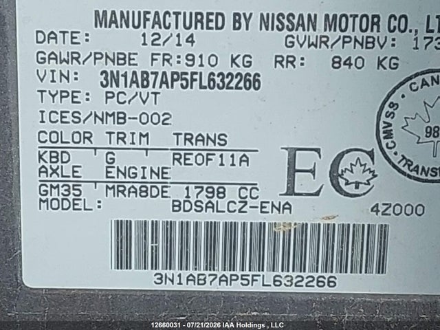 Aukcja sprzedaży 2015 Nissan Sentra S/sv/sr/sl, vin: 3N1AB7AP5FL632266, numer aukcji: 12660031