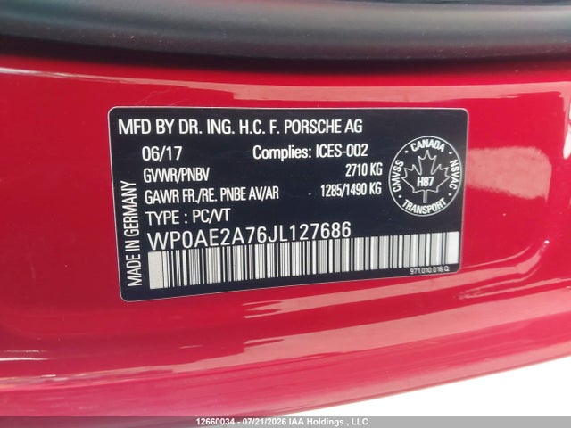 12660034 :رقم المزاد ، WP0AE2A76JL127686 vin ، 2018 Porsche Panamera E-hybrid 4 مزاد بيع