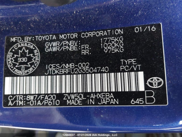 Продажа на аукционе авто 2016 Toyota Prius Technology/touring, vin: JTDKBRFU2G3504740, номер лота: 12660037