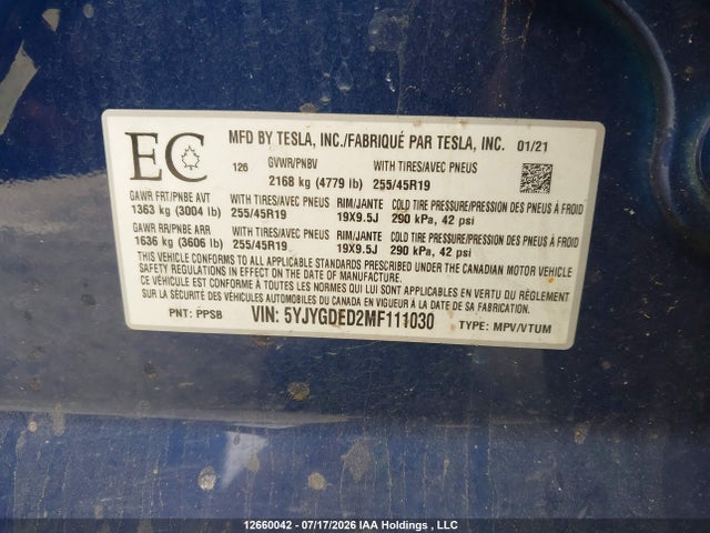 Tesla Model Y Standard Range Rear-wheel Drive 2021 5YJYGDED2MF111030 Image 9
