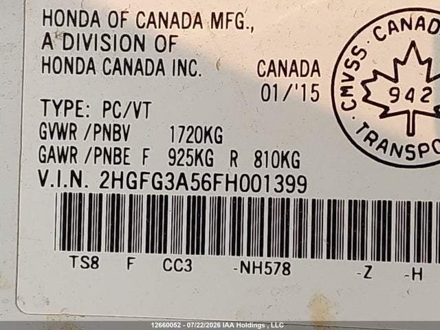 Honda Civic Lx 2015 2HGFG3A56FH001399 Image 9