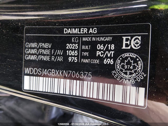 WDDSJ4GBXKN706375 Mercedes-Benz CLA 250 4MATIC